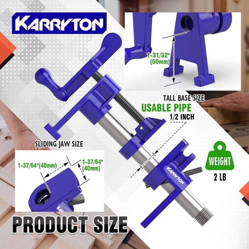 KARRYTON 1/2 Inch Heavy Duty Pipe Clamps for Woodworking, H-Style Wood Gluing Clamps, Adjustable Pipe Clamp Tool for Furniture, Cabinet Making & DIY Projects (Set of 4) - Image 2